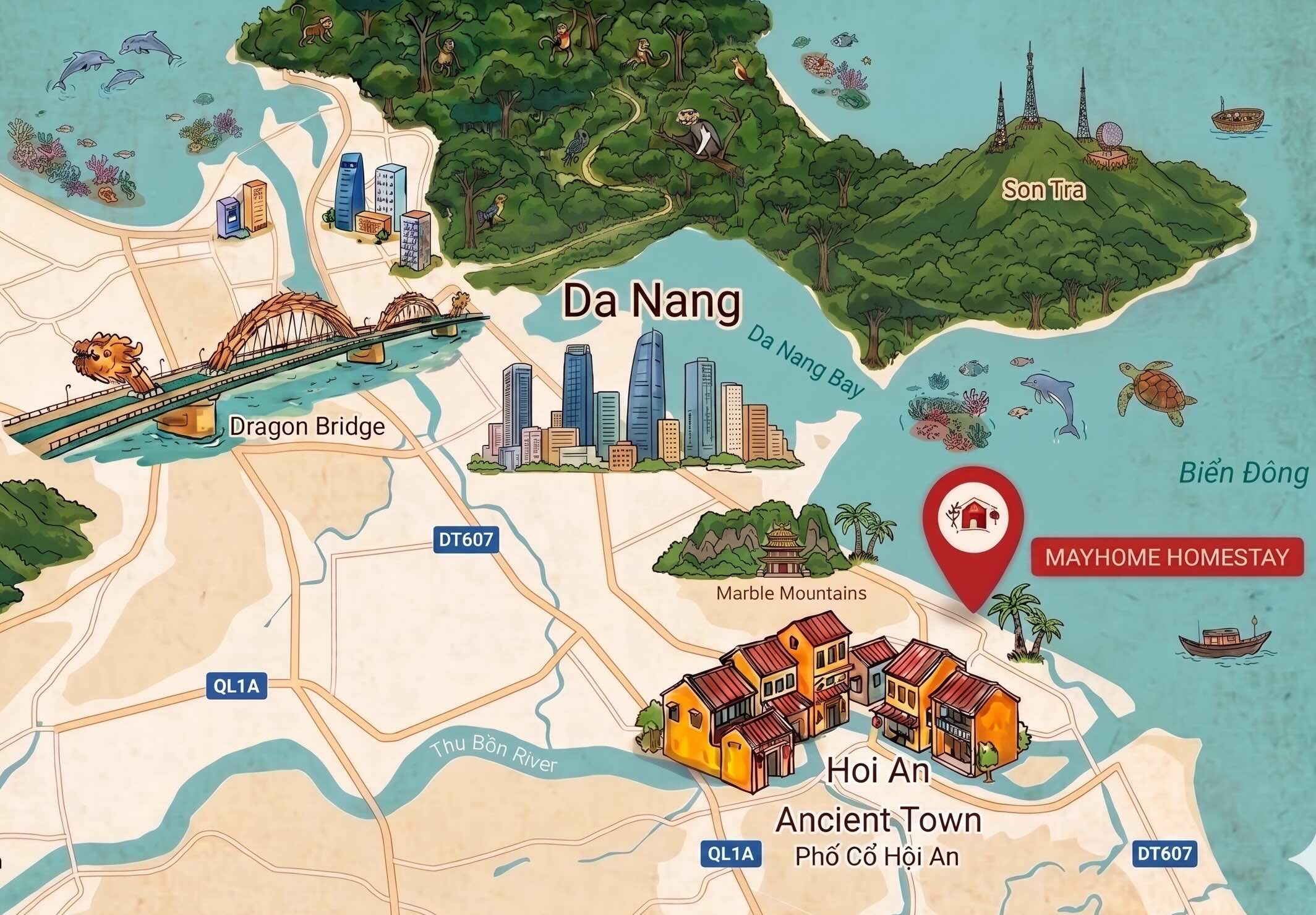 Illustrated map showing Mayhome Homestay between Da Nang and Hoi An